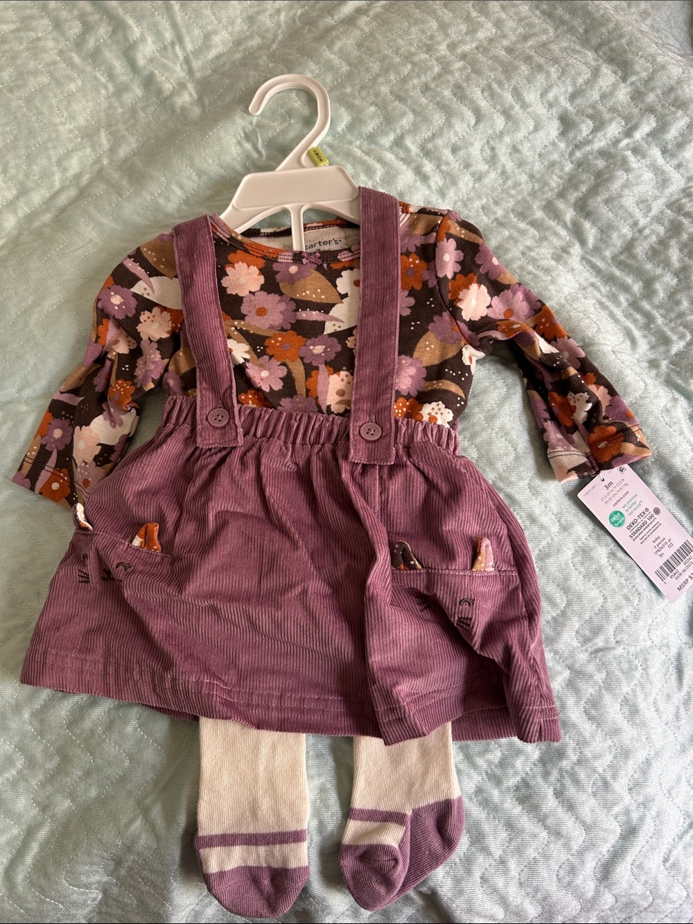 Corduroy Suspender Dress with Floral Bodysuit & Tights - Purple Floral